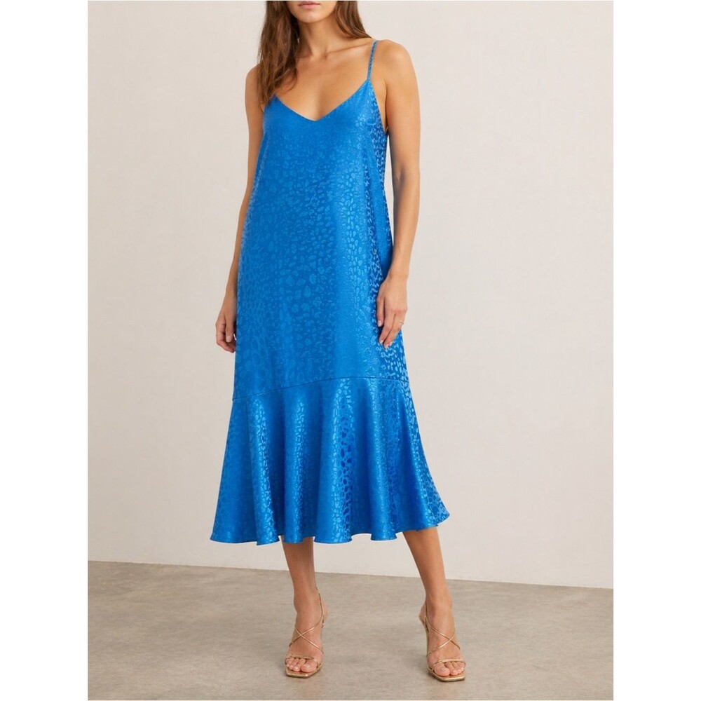 NWT Rebecca Minkoff Peggy Dress Size XL Blue Satin Slip Cami Midi Flounce Hem